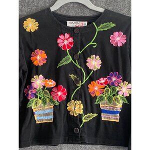 Michael Simon Sez Cardigan Black Multi Floral Embroidered Button Front Girl 7/8